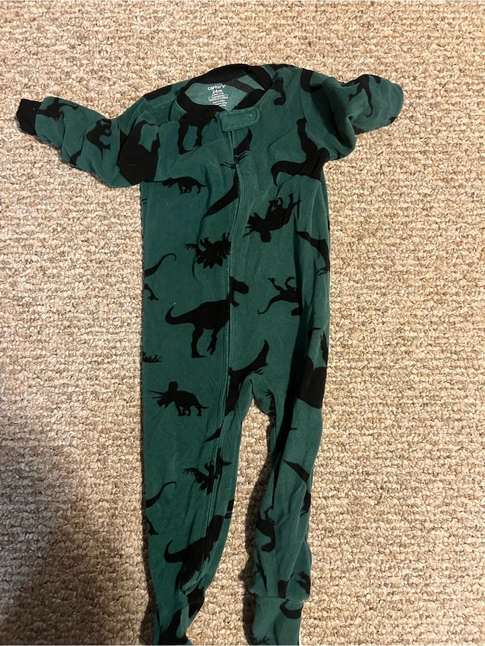 Carter's Green Footed Pajamas with Black Dinosaur Print